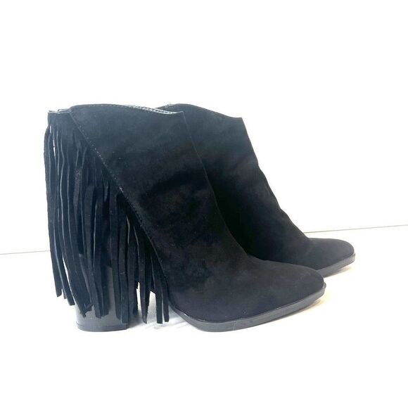 Madden Girl Black Suede Fringe Ankle Boots Women's Size 7.5B Heeled Boots Shaare - Picture 2 of 12